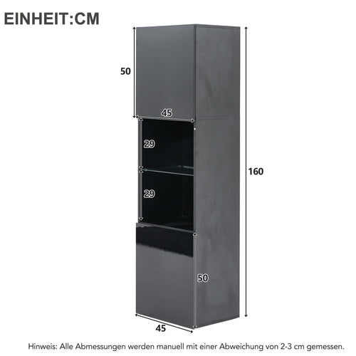 High Gloss Display Cabinet with LED Lighting 1 Glass Shelf 2 Doors Freestanding Tall Cabinet 45 x 35 x 160 cm Storage Cabinet for Living Room Bedroom Dining Room Kitchen Office Black