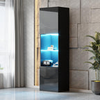 High Gloss Display Cabinet with LED Lighting 1 Glass Shelf 2 Doors Freestanding Tall Cabinet 45 x 35 x 160 cm Storage Cabinet for Living Room Bedroom Dining Room Kitchen Office Black