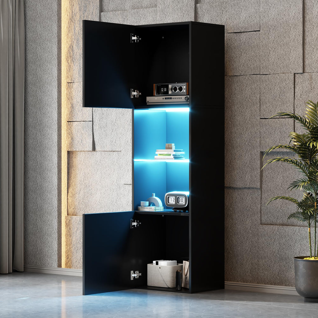 High Gloss Display Cabinet with LED Lighting 1 Glass Shelf 2 Doors Freestanding Tall Cabinet 45 x 35 x 160 cm Storage Cabinet for Living Room Bedroom Dining Room Kitchen Office Black