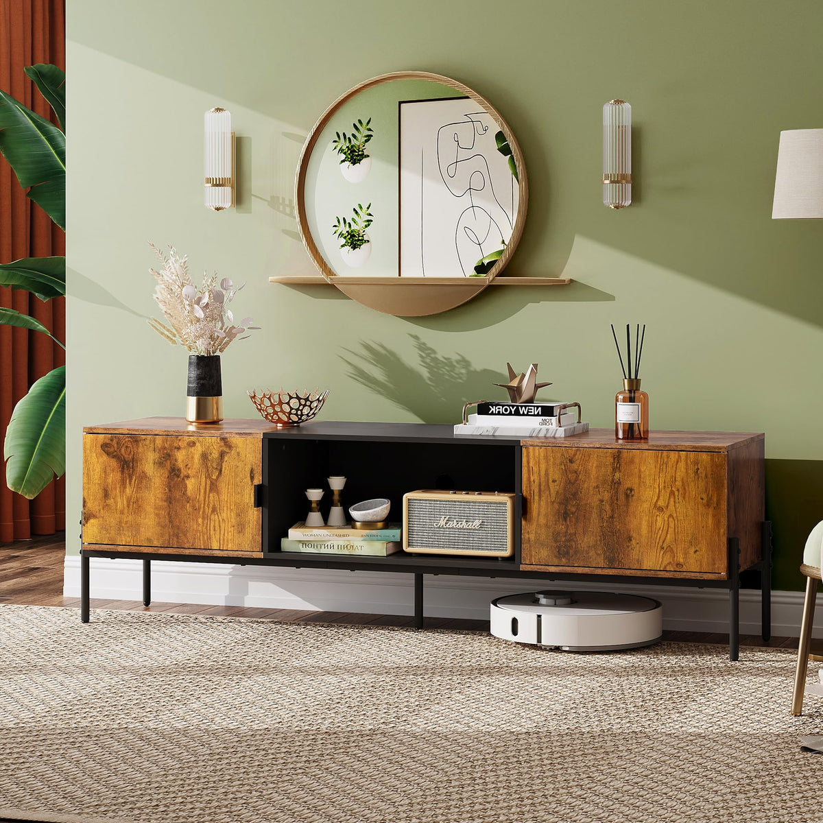 WLIVE TV Stand for 65 Inch TVs, Media Console with Metal Legs, Rustic Brown