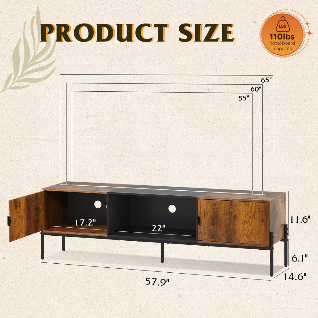 WLIVE TV Stand for 65 Inch TVs, Media Console with Metal Legs, Rustic Brown