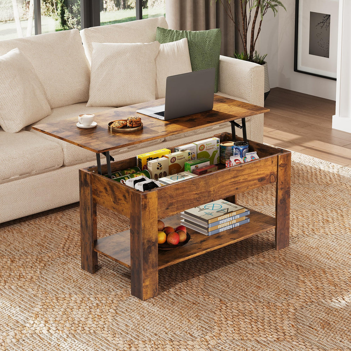 WLIVE 98cm Lift Up Coffee Table with Storage & Hidden Compartment - MDF Top, Solid Wood Legs, Quiet Lift Mechanism, Quick Assembly for Living Room, Rustic Oak
