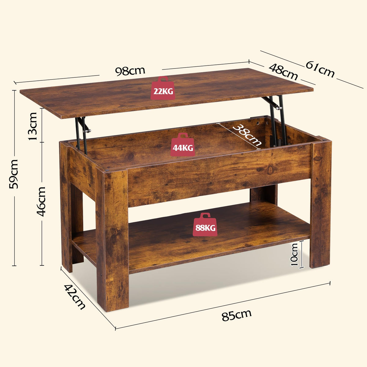 WLIVE 98cm Lift Up Coffee Table with Storage & Hidden Compartment - MDF Top, Solid Wood Legs, Quiet Lift Mechanism, Quick Assembly for Living Room, Rustic Oak