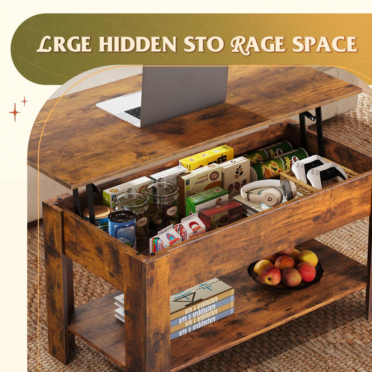WLIVE 98cm Lift Up Coffee Table with Storage & Hidden Compartment - MDF Top, Solid Wood Legs, Quiet Lift Mechanism, Quick Assembly for Living Room, Rustic Oak