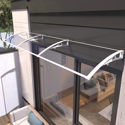 Window Door Awning Canopy White Aluminum Bracket Transparent Polycarbonate Board,Shelter Cover Front Doors Roofing Canopies for Sun Shutter,UV,Rain,Snow Protection (60 X 250cm)