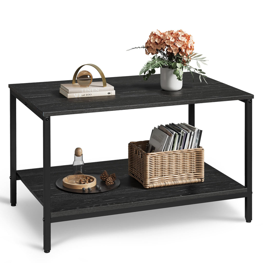 WLIVE Coffee Table, 2-Tier Center Table with Storage, Modern Farmhouse Wood Grain Coffee Table for Living Room, Charcoal Black