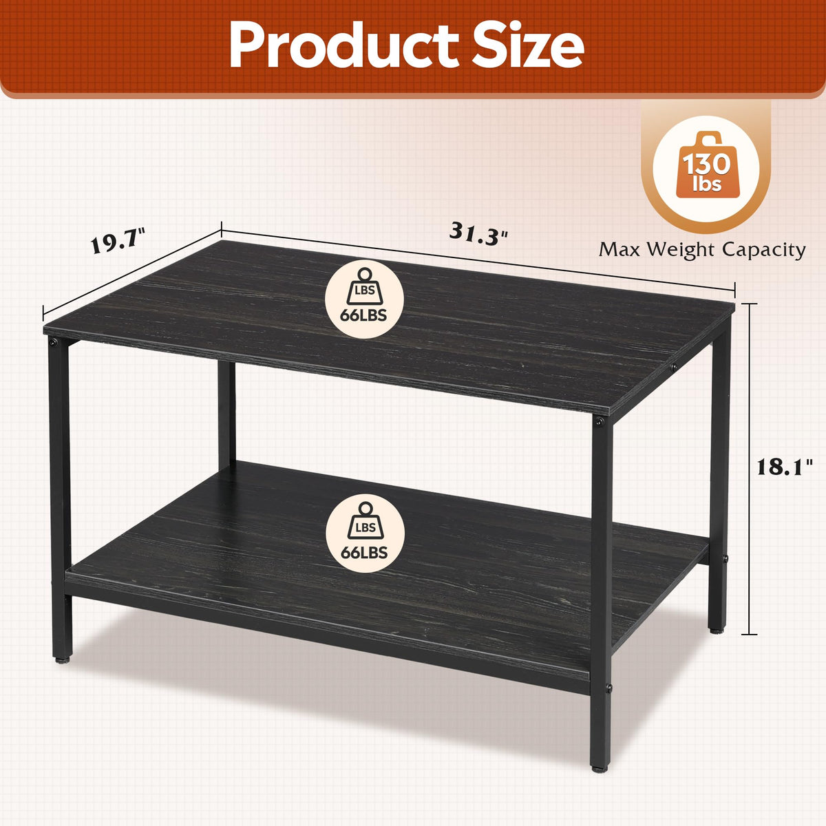 WLIVE Coffee Table, 2-Tier Center Table with Storage, Modern Farmhouse Wood Grain Coffee Table for Living Room, Charcoal Black