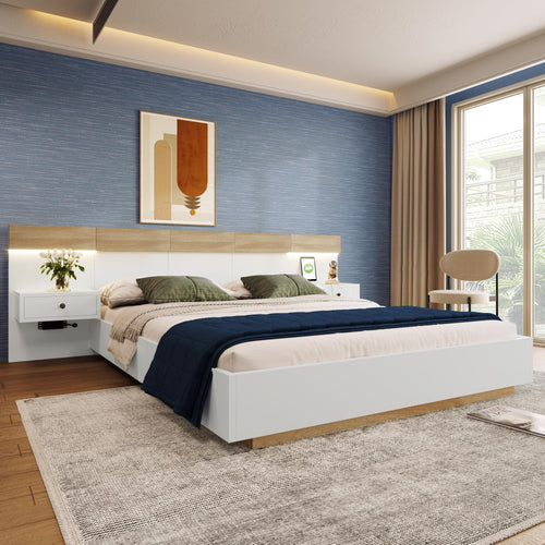Double Bed System with 2 LED Bedside Tables and USB C Socket 180 x 200 cm Wooden Bed Including 2 Bedside Tables Bedroom Complete 205 x 284 x 90.5 cm (D/W/H) Set in Sonoma Oak / White (Mattress Not Included)