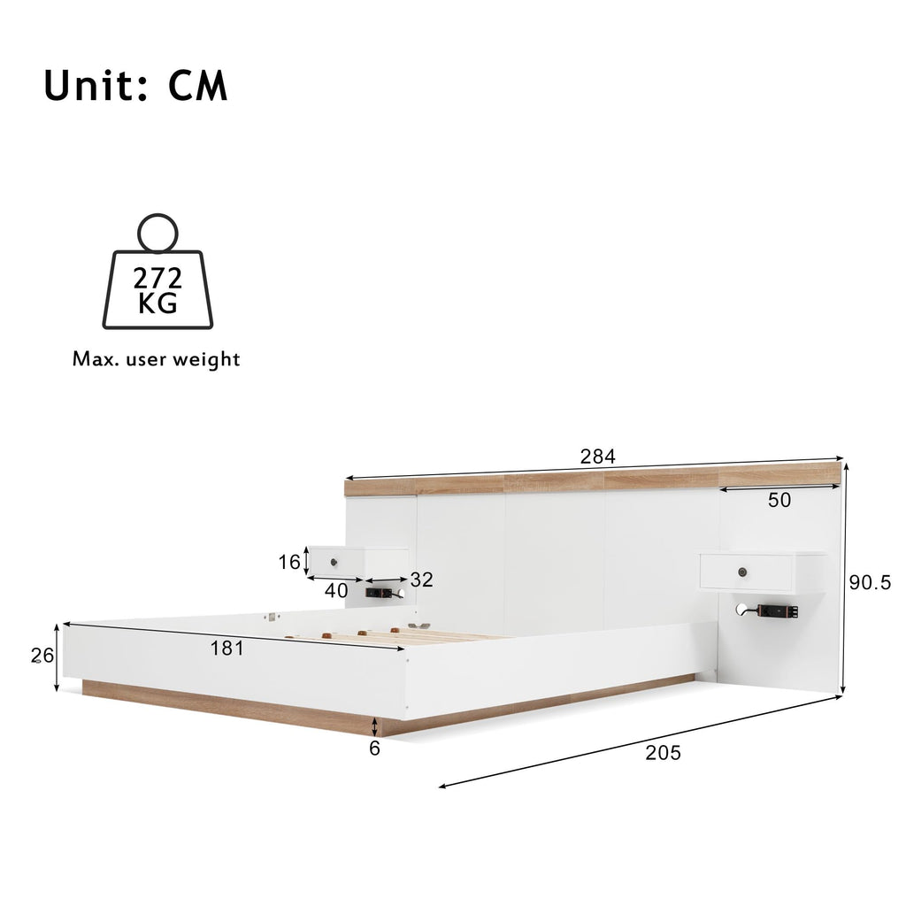 Double Bed System with 2 LED Bedside Tables and USB C Socket 180 x 200 cm Wooden Bed Including 2 Bedside Tables Bedroom Complete 205 x 284 x 90.5 cm (D/W/H) Set in Sonoma Oak / White (Mattress Not Included)