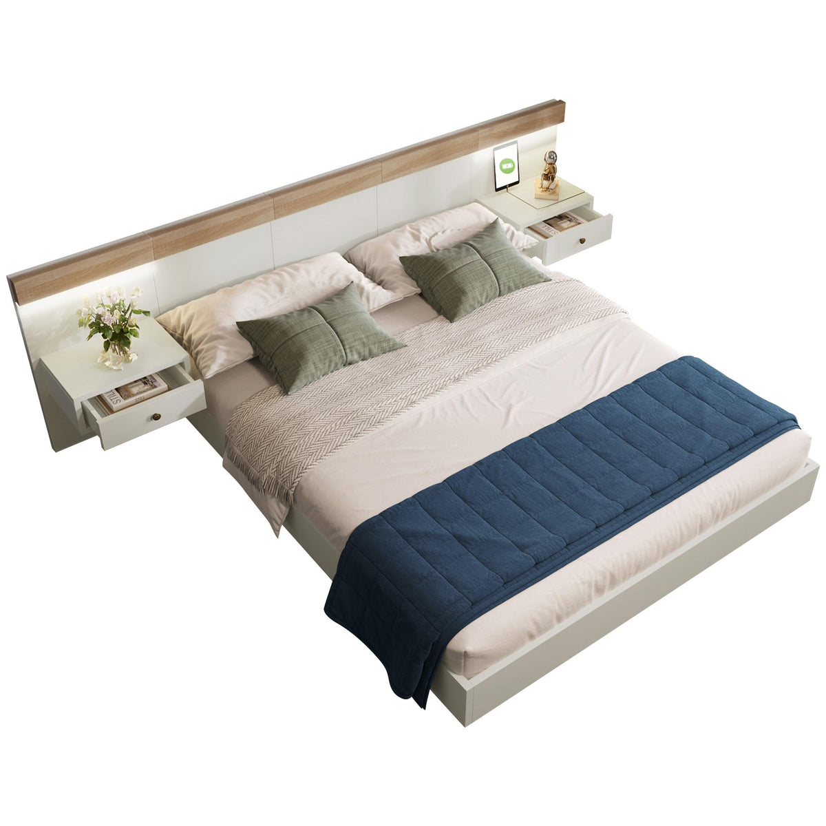 Double Bed System with 2 LED Bedside Tables and USB C Socket 180 x 200 cm Wooden Bed Including 2 Bedside Tables Bedroom Complete 205 x 284 x 90.5 cm (D/W/H) Set in Sonoma Oak / White (Mattress Not Included)
