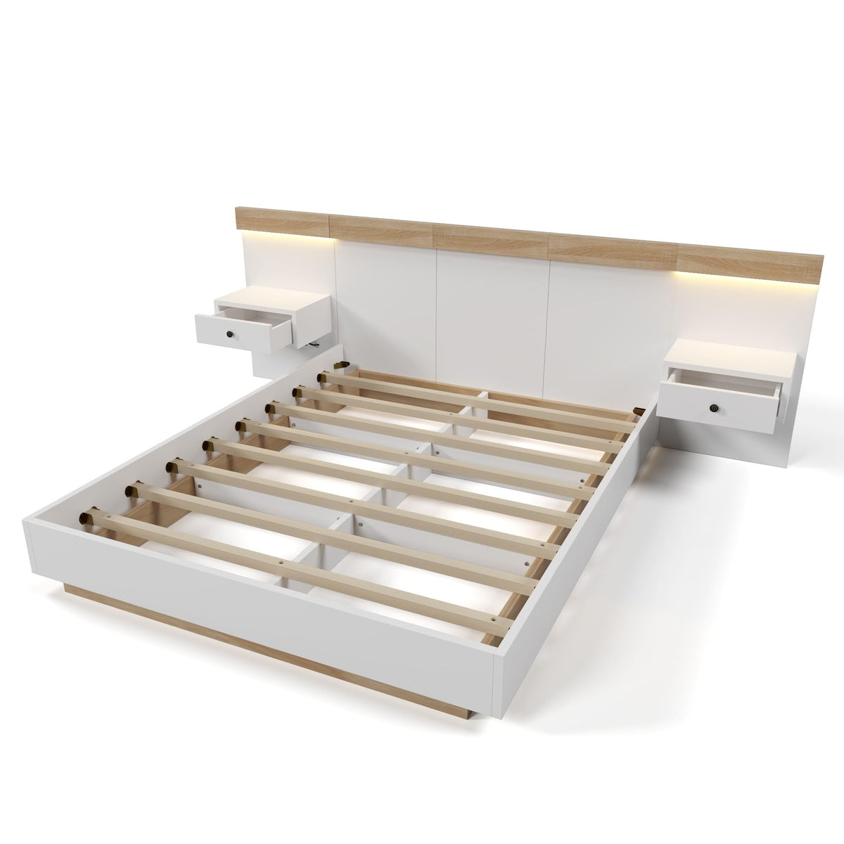 Double Bed System with 2 LED Bedside Tables and USB C Socket 180 x 200 cm Wooden Bed Including 2 Bedside Tables Bedroom Complete 205 x 284 x 90.5 cm (D/W/H) Set in Sonoma Oak / White (Mattress Not Included)