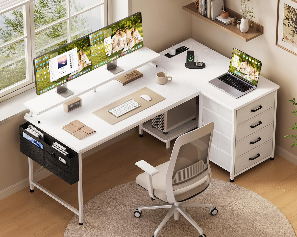 ODK Corner Desk with 4 Drawers and Socket, 160 x 80 cm, White
