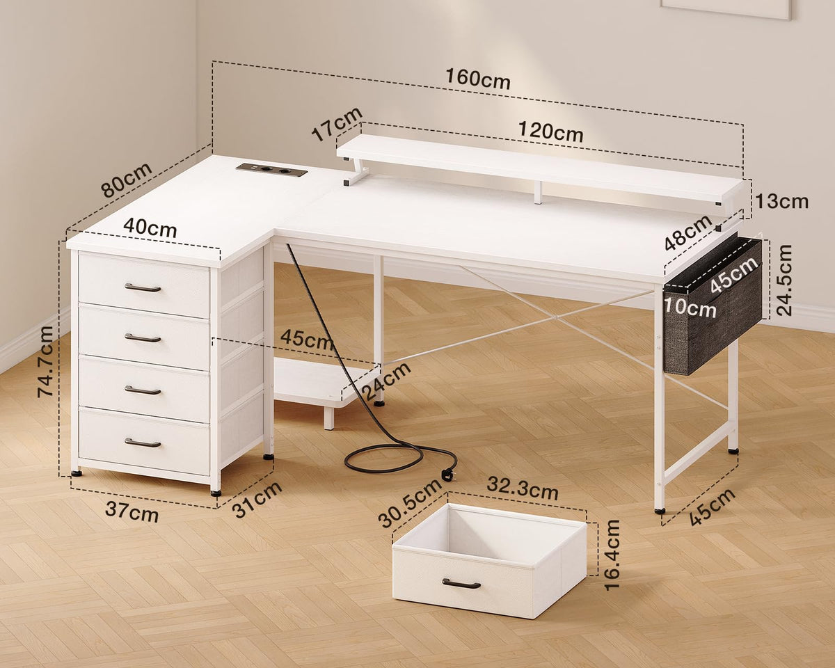 ODK Corner Desk with 4 Drawers and Socket, 160 x 80 cm, White