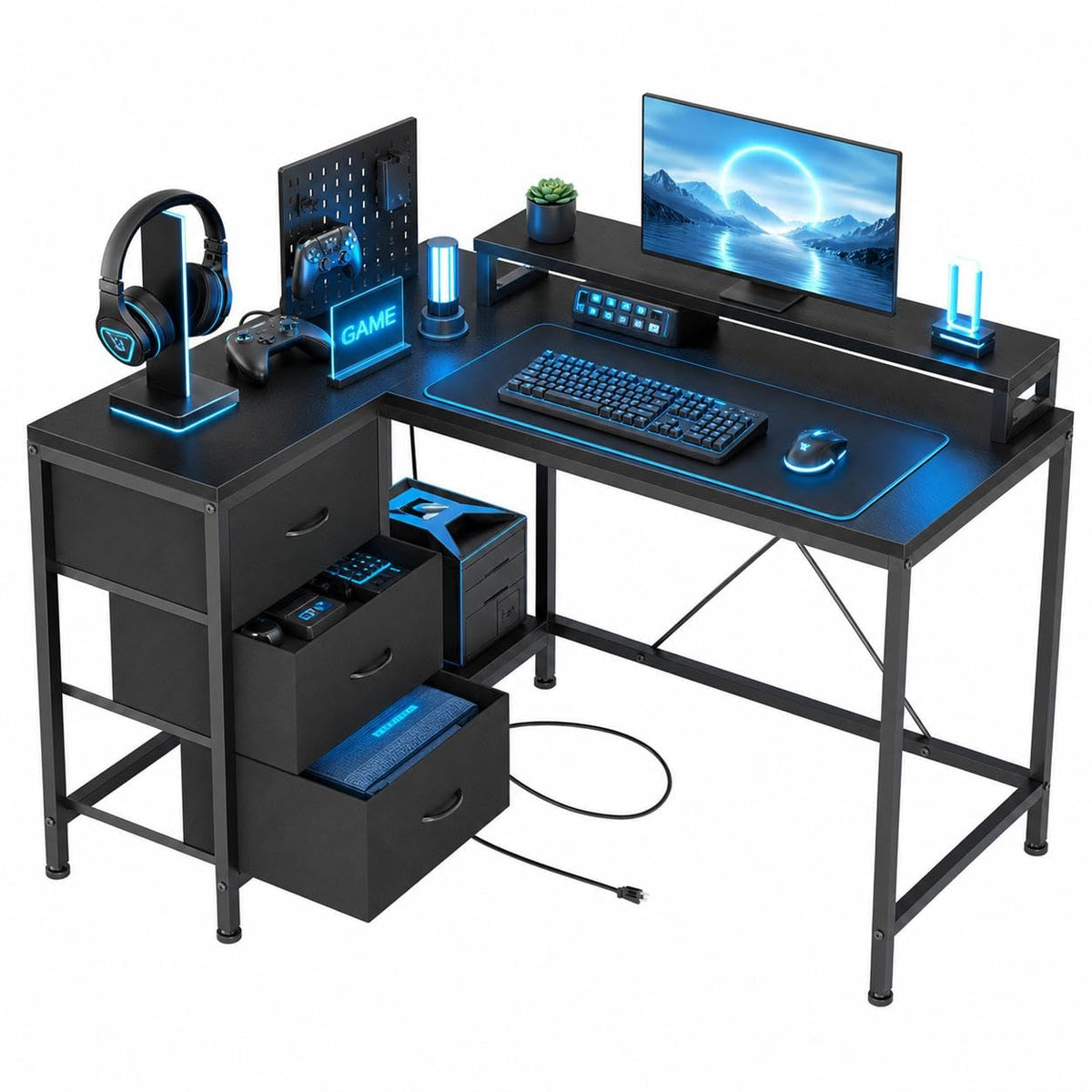 Garvee L-Shaped Computer Desk with Power Outlets & LED Lights - 43-Inch Reversible Corner Gaming Desk with 3 Drawers, Storage Shelves & Removable Monitor Stand, Modern Home Office Desk