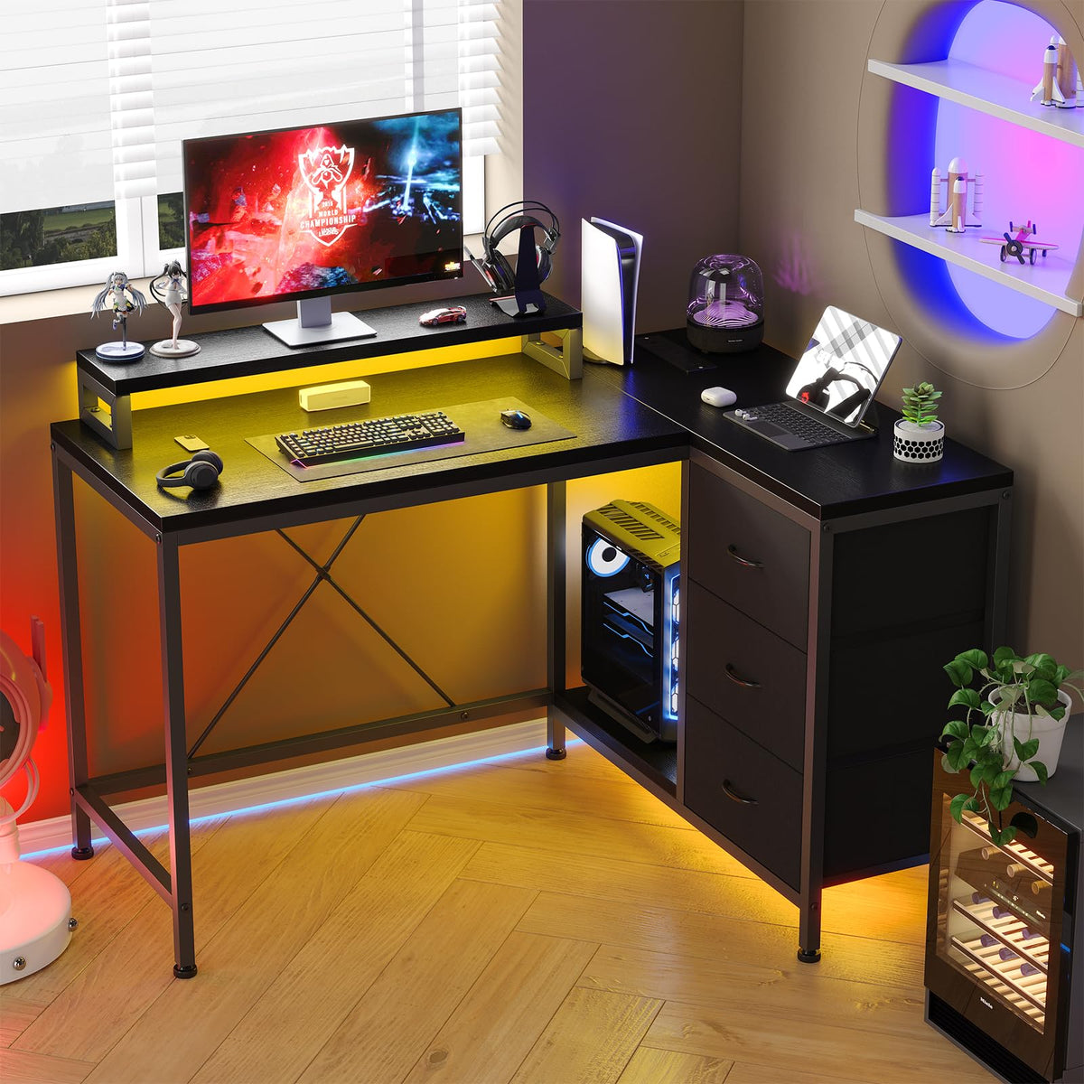 Garvee L-Shaped Computer Desk with Power Outlets & LED Lights - 43-Inch Reversible Corner Gaming Desk with 3 Drawers, Storage Shelves & Removable Monitor Stand, Modern Home Office Desk