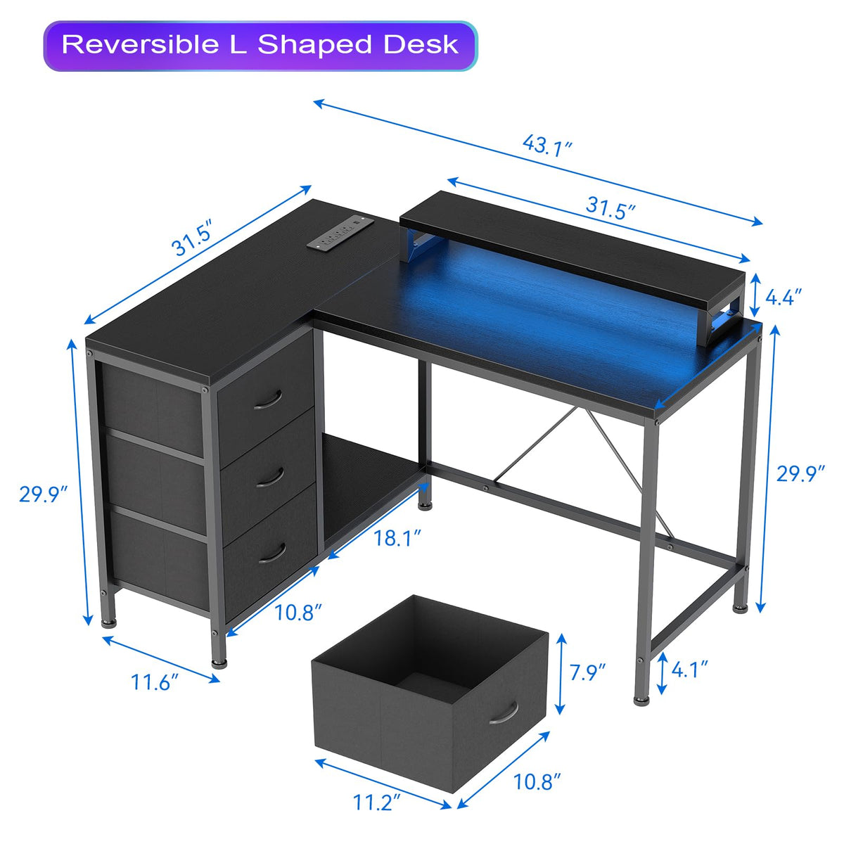 Garvee L-Shaped Computer Desk with Power Outlets & LED Lights - 43-Inch Reversible Corner Gaming Desk with 3 Drawers, Storage Shelves & Removable Monitor Stand, Modern Home Office Desk