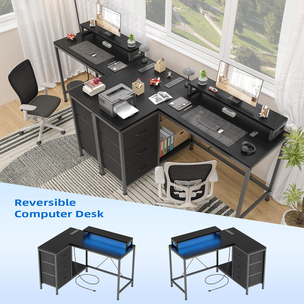 Garvee L-Shaped Computer Desk with Power Outlets & LED Lights - 43-Inch Reversible Corner Gaming Desk with 3 Drawers, Storage Shelves & Removable Monitor Stand, Modern Home Office Desk