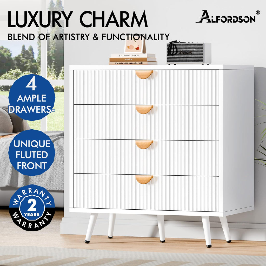 ALFORDSON Fluted Front Chest of 4 Drawers Modern Bedroom Tallboy Dresser