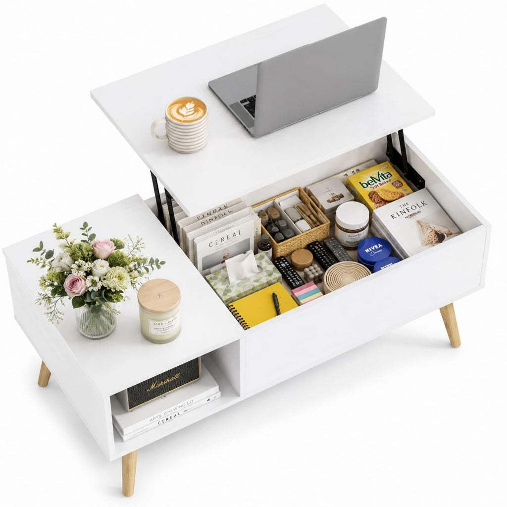 WLIVE Coffee Table for Living Room, Lift Top Coffee Table with Storage, Small Rising Wooden Dining Center Table with Storage Shelf & Hidden Compartment, 39" White