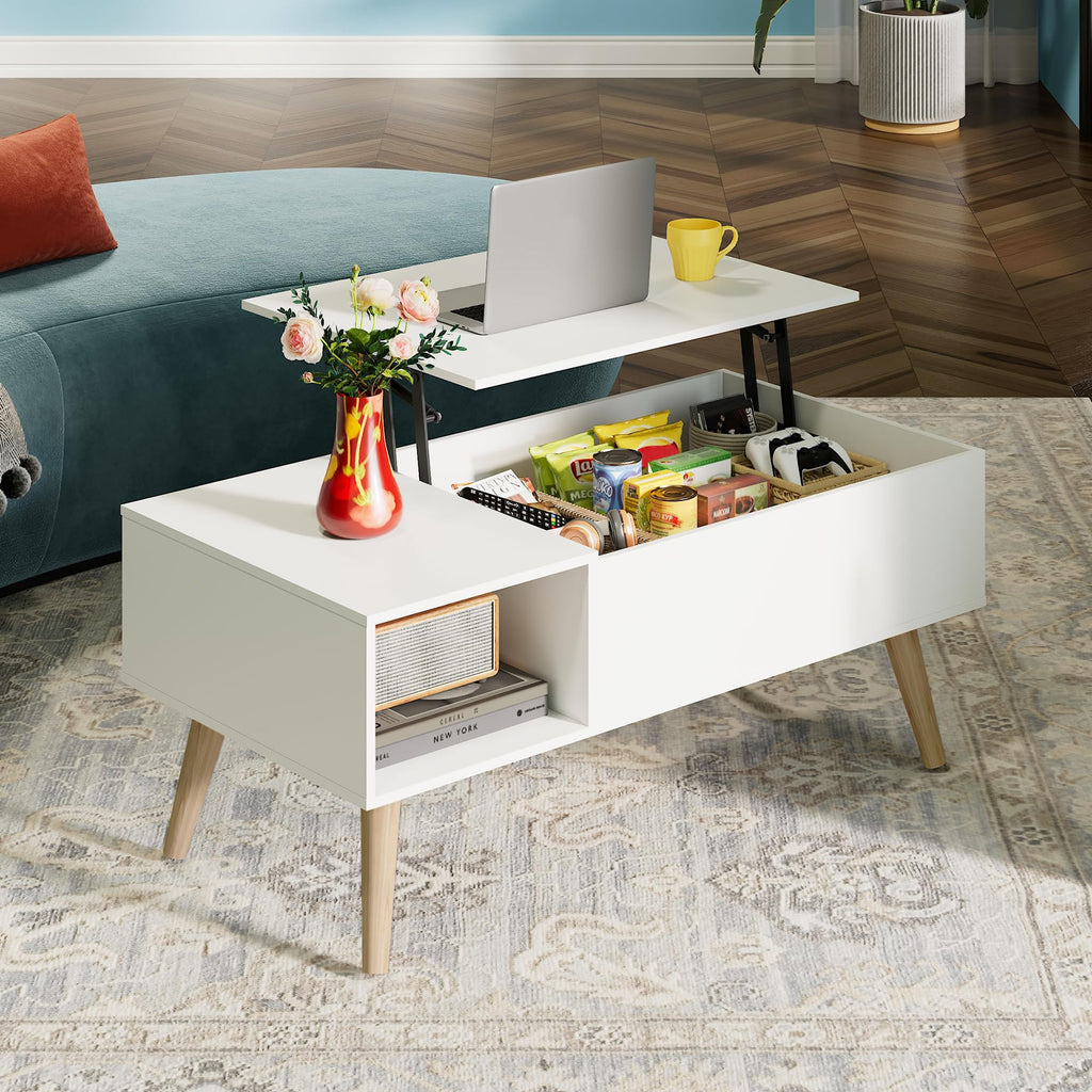 WLIVE Coffee Table for Living Room, Lift Top Coffee Table with Storage, Small Rising Wooden Dining Center Table with Storage Shelf & Hidden Compartment, 39" White
