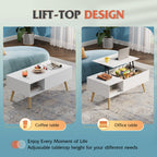 WLIVE Coffee Table for Living Room, Lift Top Coffee Table with Storage, Small Rising Wooden Dining Center Table with Storage Shelf & Hidden Compartment, 39" White