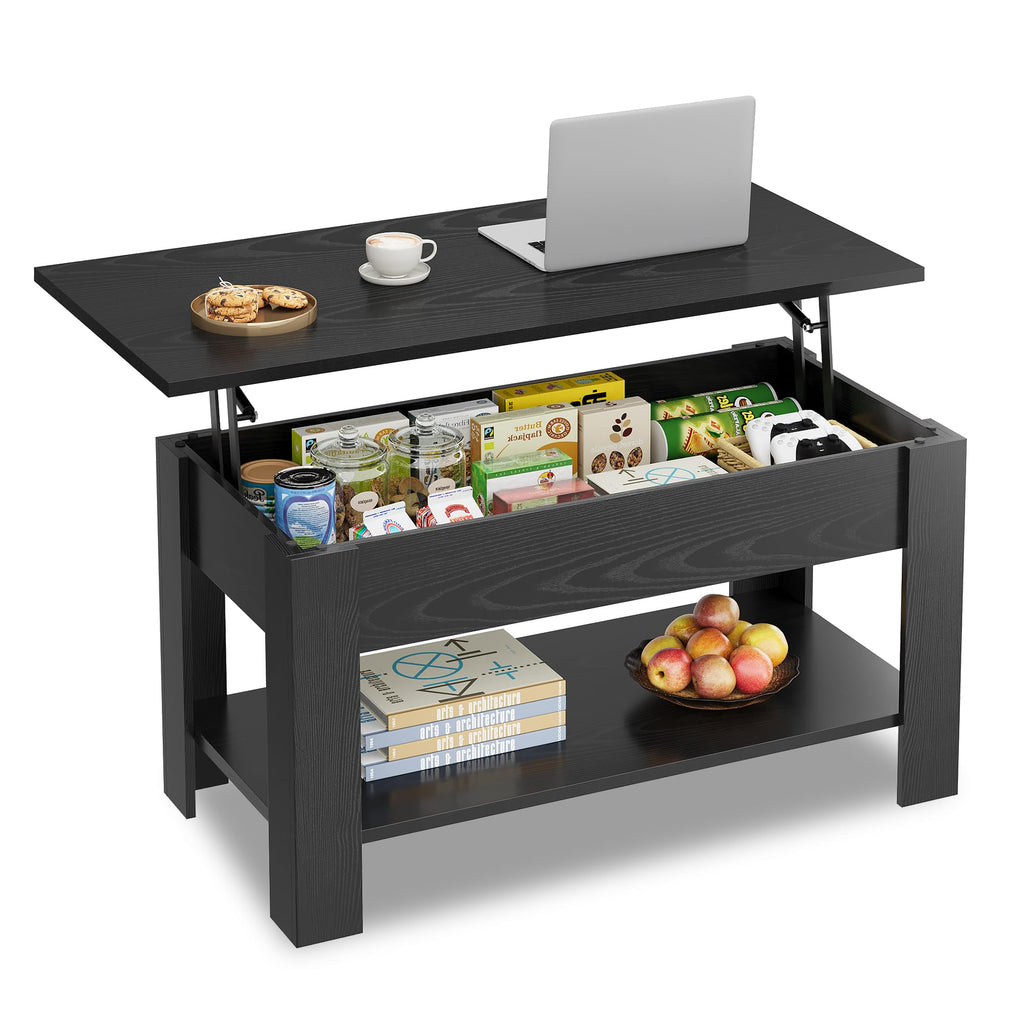 WLIVE 98cm Lift Up Coffee Table with Storage & Hidden Compartment - MDF Top, Solid Wood Legs, Quiet Lift Mechanism, Quick Assembly for Living Room, Embossed Black