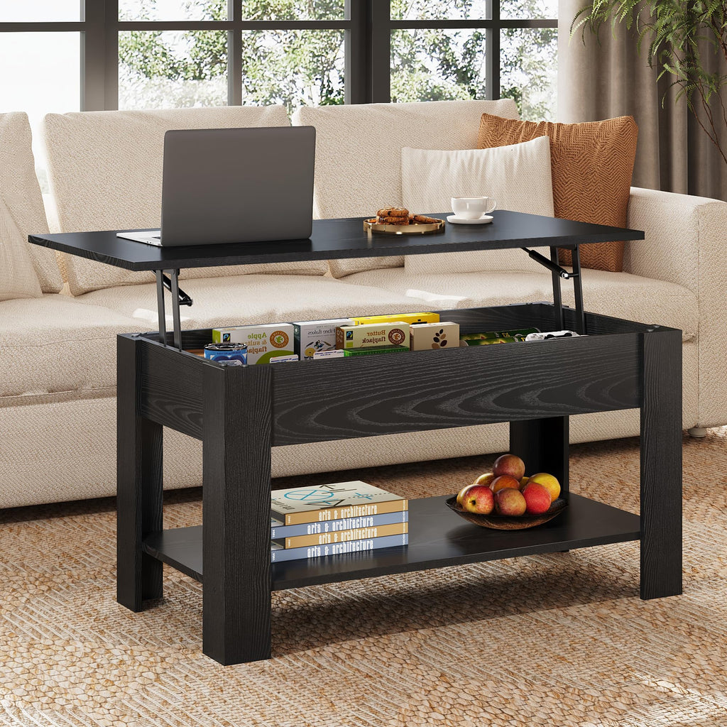 WLIVE 98cm Lift Up Coffee Table with Storage & Hidden Compartment - MDF Top, Solid Wood Legs, Quiet Lift Mechanism, Quick Assembly for Living Room, Embossed Black