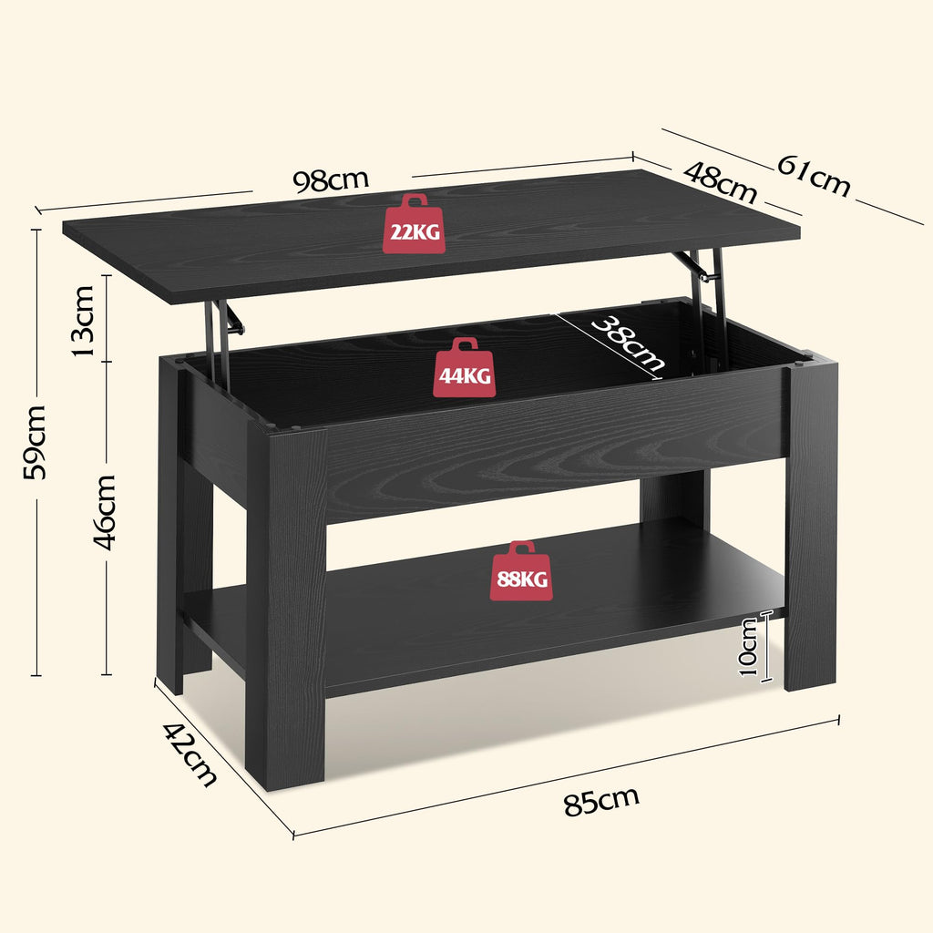 WLIVE 98cm Lift Up Coffee Table with Storage & Hidden Compartment - MDF Top, Solid Wood Legs, Quiet Lift Mechanism, Quick Assembly for Living Room, Embossed Black