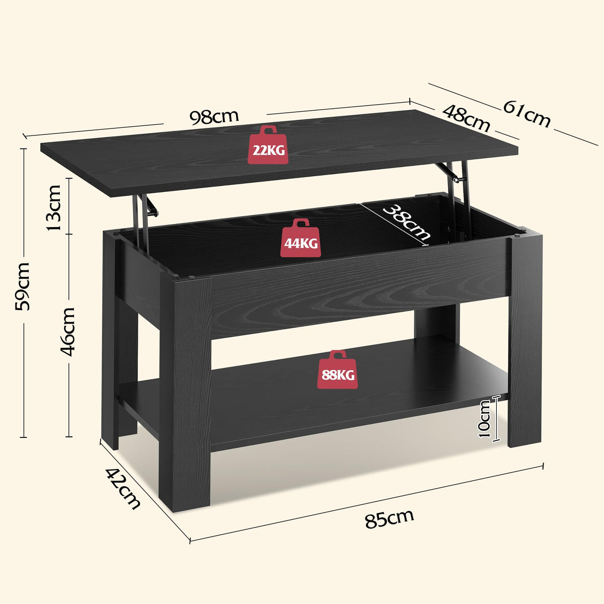 WLIVE 98cm Lift Up Coffee Table with Storage & Hidden Compartment - MDF Top, Solid Wood Legs, Quiet Lift Mechanism, Quick Assembly for Living Room, Embossed Black