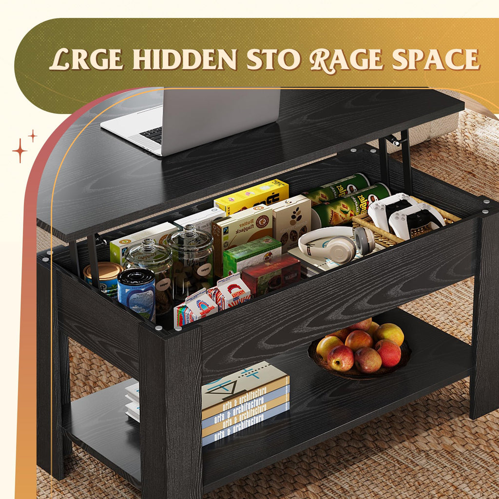 WLIVE 98cm Lift Up Coffee Table with Storage & Hidden Compartment - MDF Top, Solid Wood Legs, Quiet Lift Mechanism, Quick Assembly for Living Room, Embossed Black