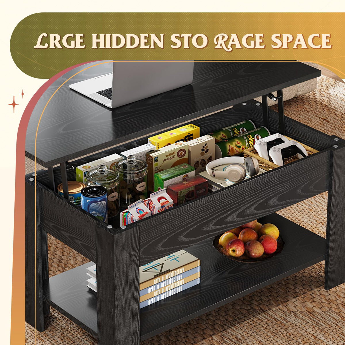 WLIVE 98cm Lift Up Coffee Table with Storage & Hidden Compartment - MDF Top, Solid Wood Legs, Quiet Lift Mechanism, Quick Assembly for Living Room, Embossed Black