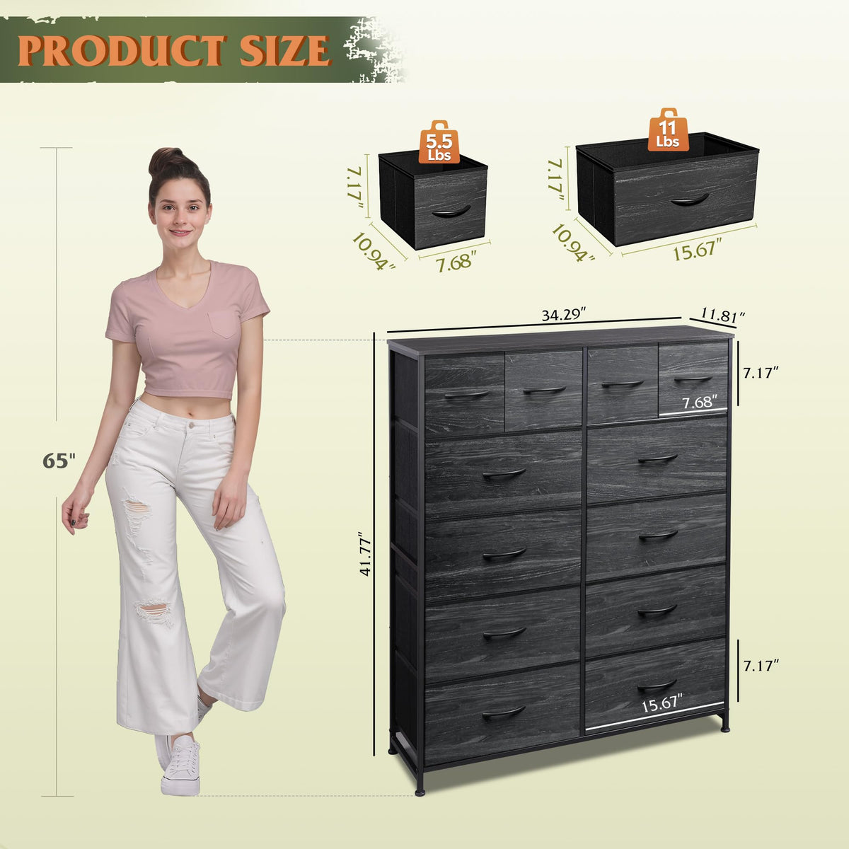 WLIVE 12 Drawer Tall Fabric Dresser Bedroom Storage Chest, Charcoal