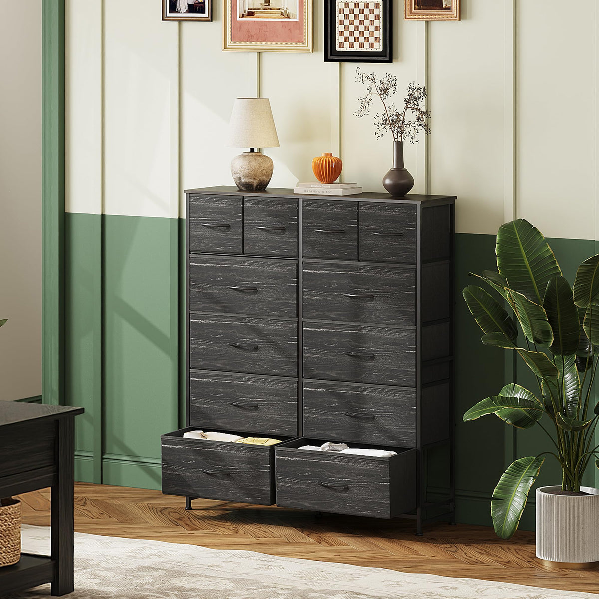 WLIVE 12 Drawer Tall Fabric Dresser Bedroom Storage Chest, Charcoal