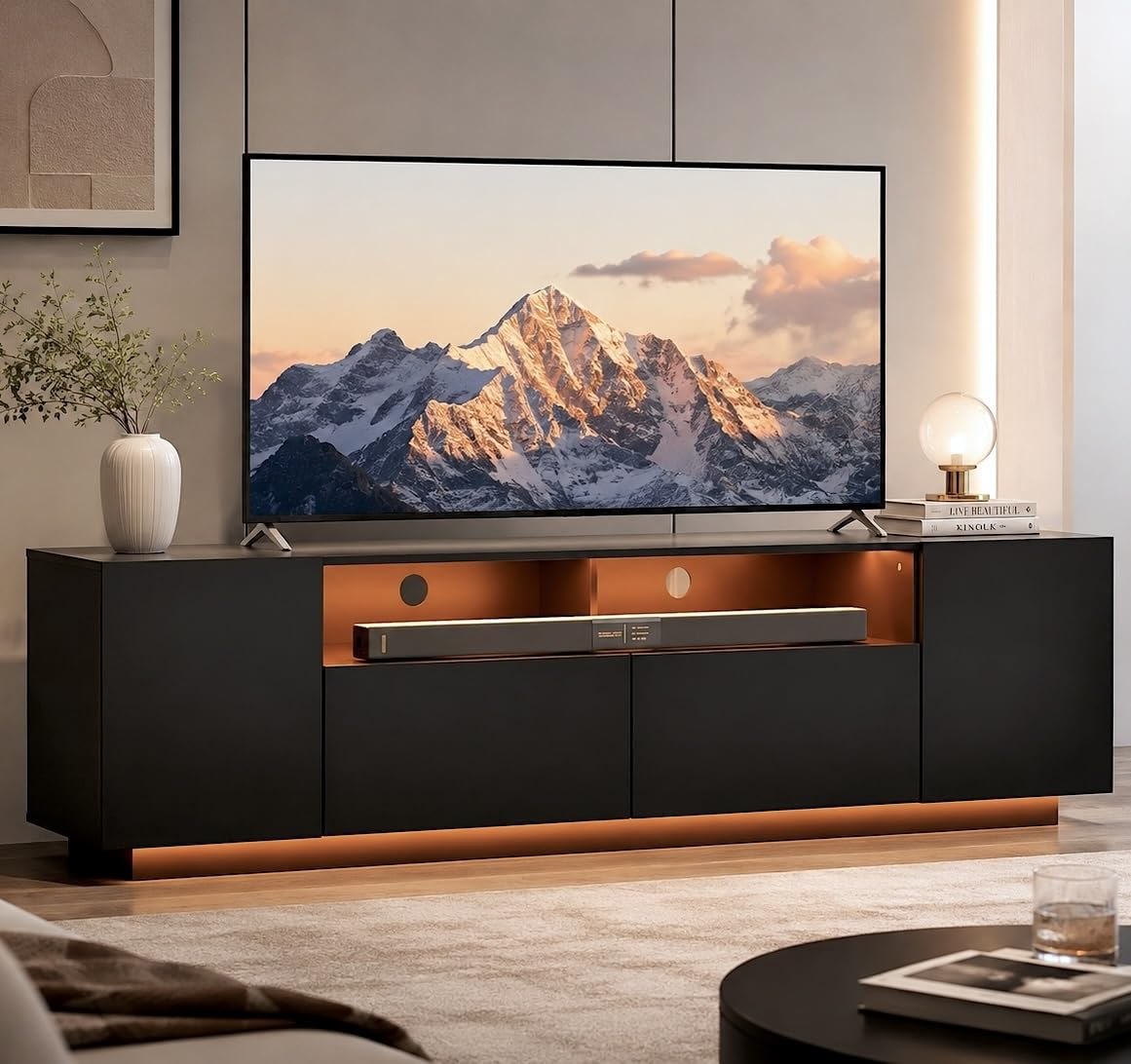 WLIVE LED TV Stand for 65/70/75 Inch TVs, Modern Entertainment Center with Storage Cabinets and Drawer, Gaming Media TV Console with RGB Lights for Living Room, Black