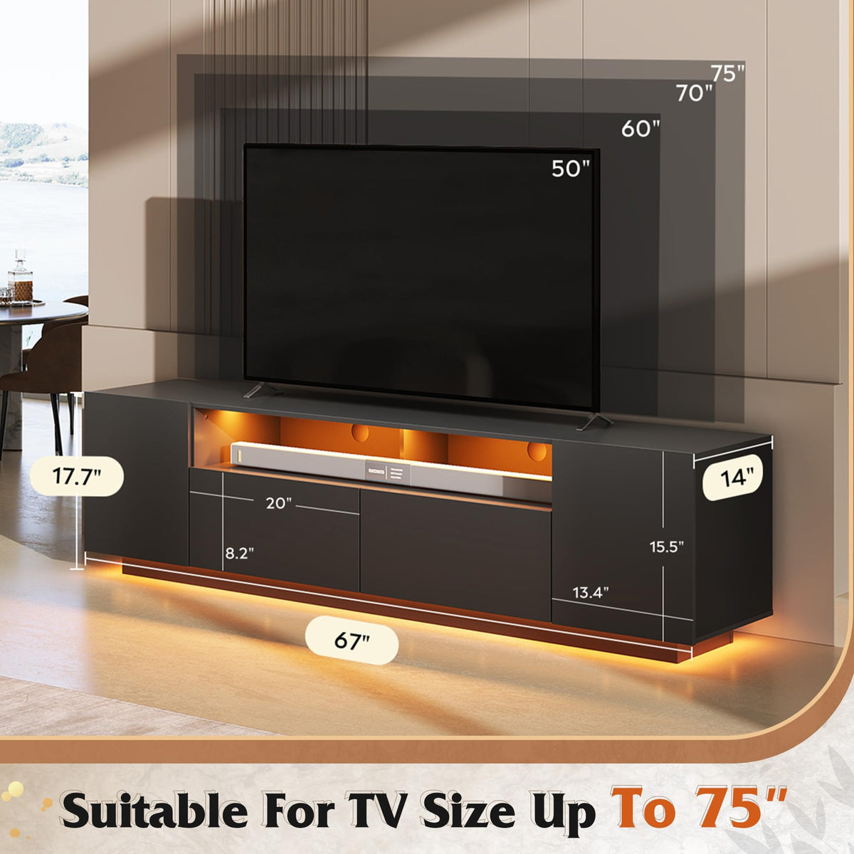 WLIVE LED TV Stand for 65/70/75 Inch TVs, Modern Entertainment Center with Storage Cabinets and Drawer, Gaming Media TV Console with RGB Lights for Living Room, Black