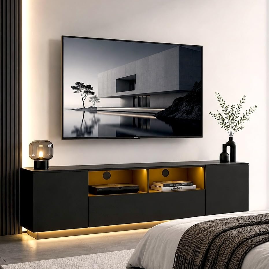 WLIVE LED TV Stand for 65/70/75 Inch TVs, Modern Entertainment Center with Storage Cabinets and Drawer, Gaming Media TV Console with RGB Lights for Living Room, Black