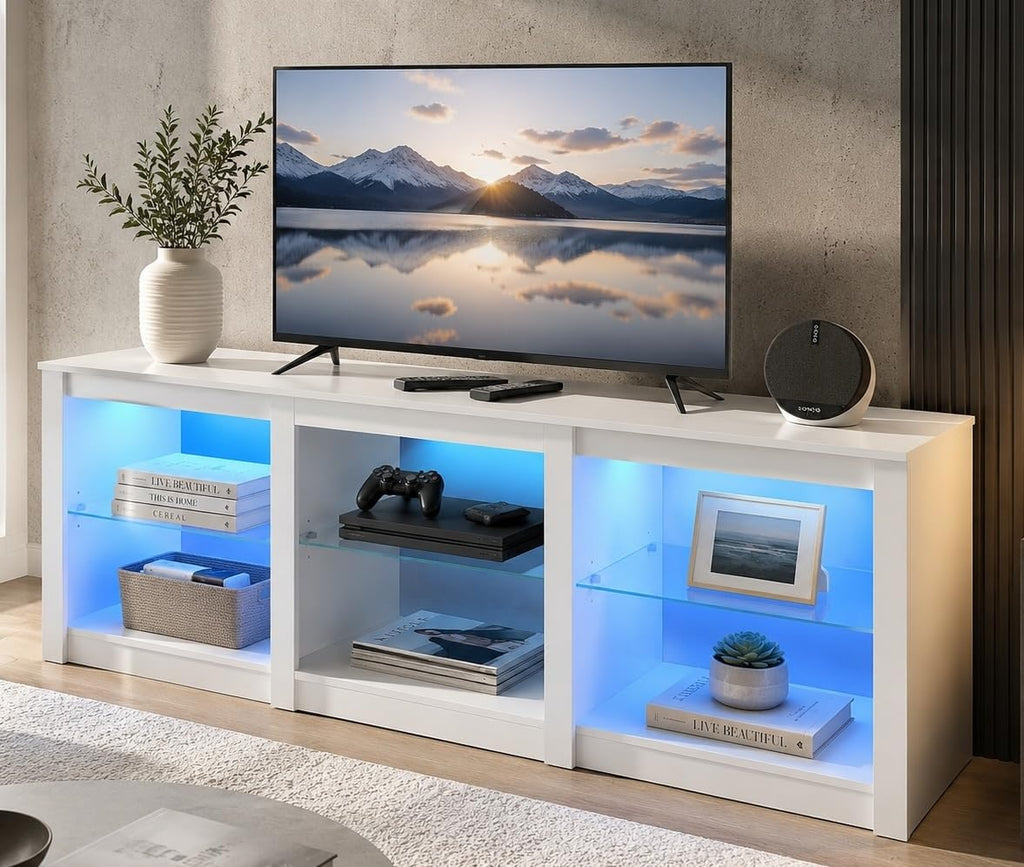 WLIVE TV Stand for 55/65/75 Inch TV, Modern Entertainment Center with LED Lights & Adjustable Glass Shelves, Sturdy Media Console for Living Room, Bedroom,Gaming (White)
