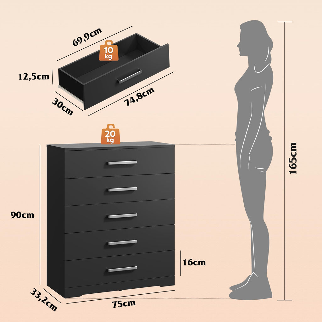WLIVE Meuble de Rangement 5 tiroirs Noir, Commode Moderne pour Chambre