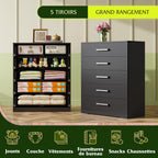 WLIVE Meuble de Rangement 5 tiroirs Noir, Commode Moderne pour Chambre