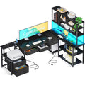 Coleshome L Shaped Corner Desk with Drawers, Reversible Home Office Computer Desk with Storages & Shelves, Gaming Table with LED Lights & Power Outlets Black, 180 × 100 cm