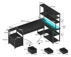 Coleshome L Shaped Corner Desk with Drawers, Reversible Home Office Computer Desk with Storages & Shelves, Gaming Table with LED Lights & Power Outlets Black, 180 × 100 cm