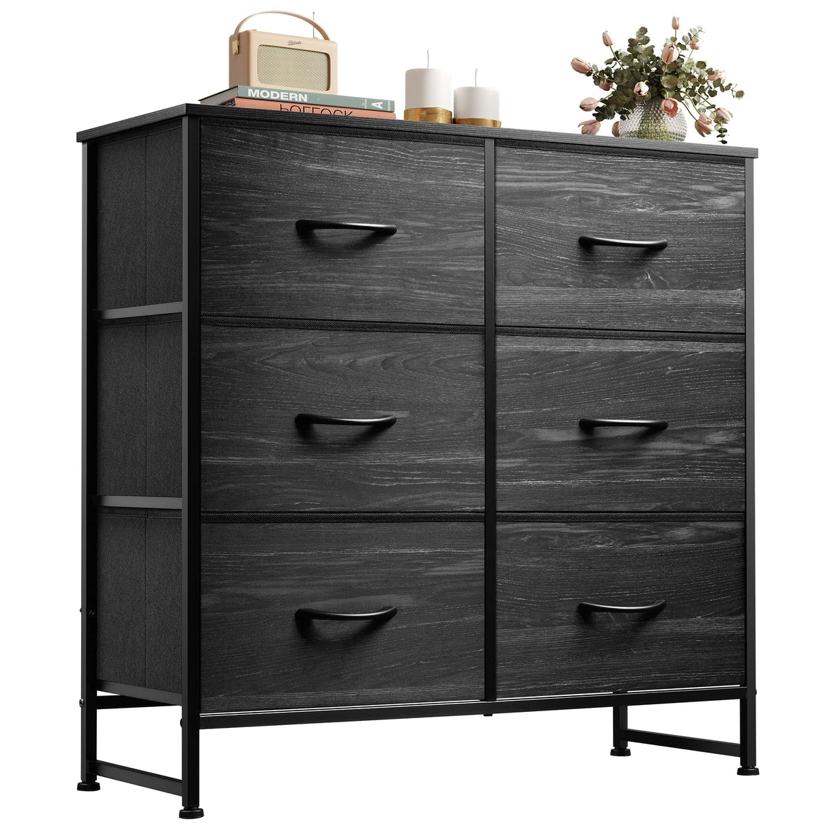 WLIVE Dresser for Bedroom with 6 Drawers, Charcoal Black Wood Grain Print