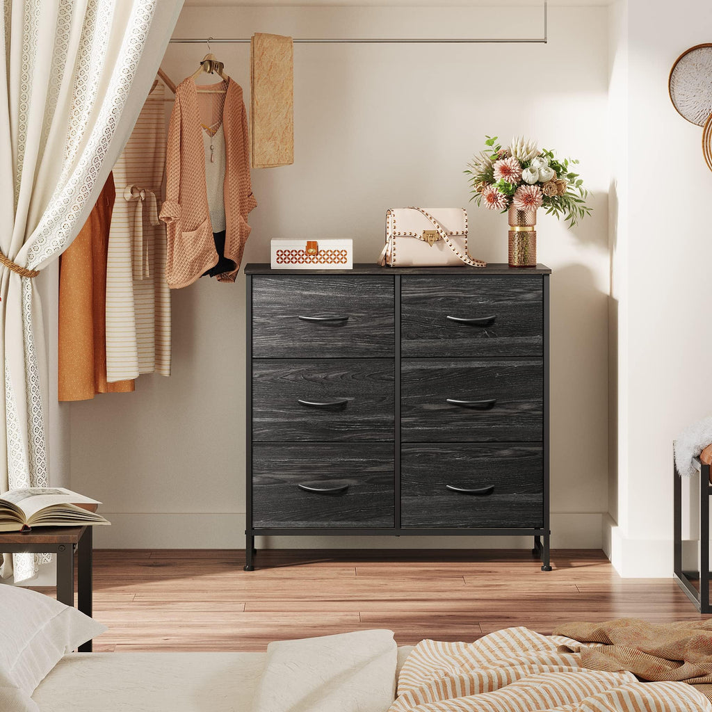 WLIVE Dresser for Bedroom with 6 Drawers, Charcoal Black Wood Grain Print