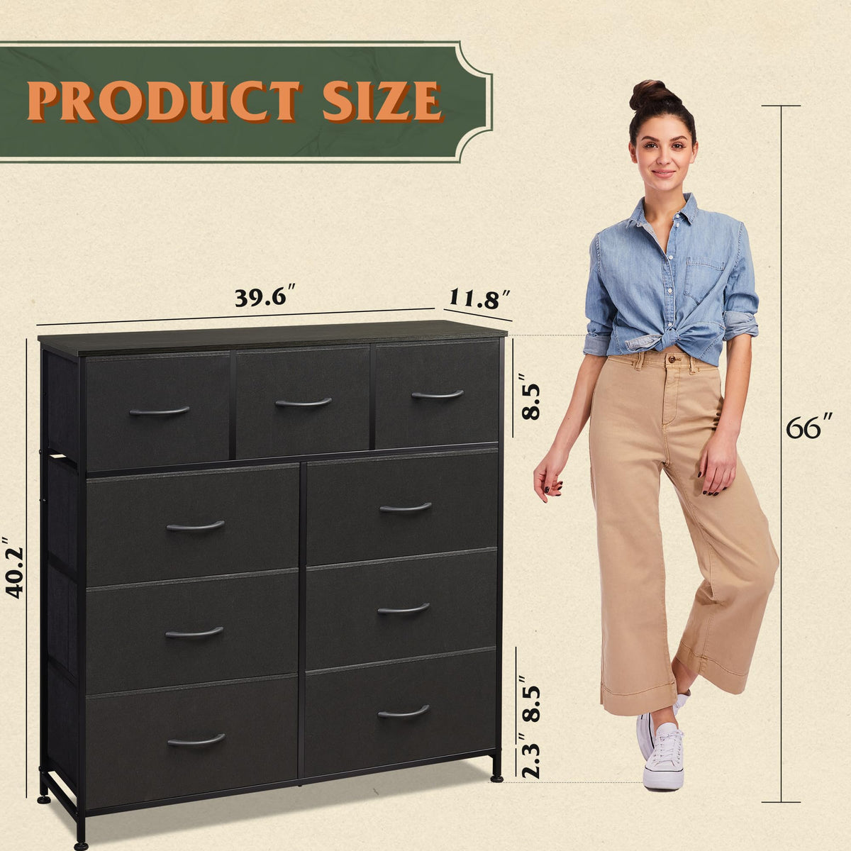 WLIVE Tall Dresser for Bedroom, 9 Drawer Chest of Drawers, Charcoal Black