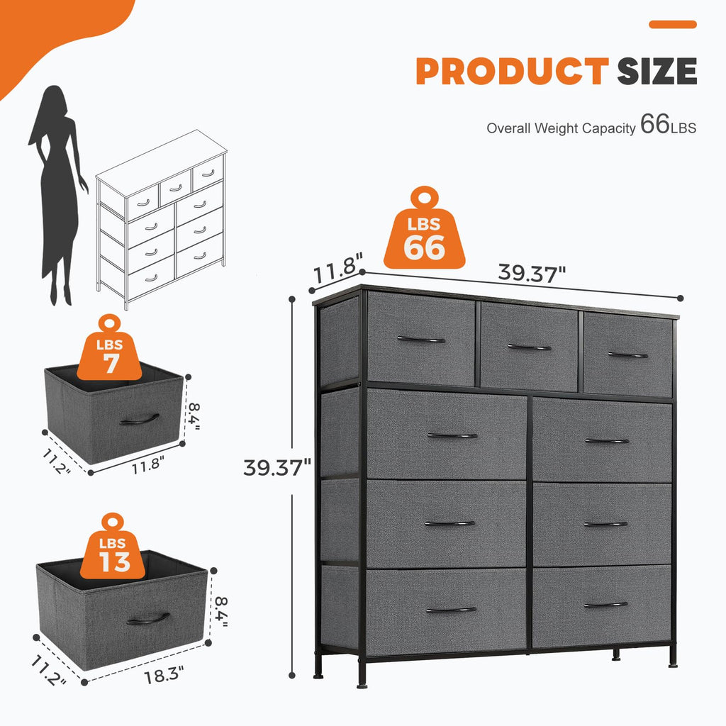 Sweetcrispy 9 Drawer Fabric Dresser Storage Tower Drawer Organizer, Grey