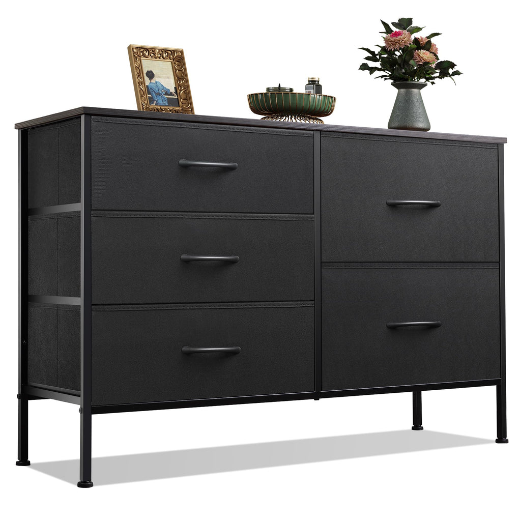 WLIVE 5 Drawer Black Fabric Dresser for Bedroom, Wide Storage Chest