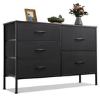 WLIVE 5 Drawer Black Fabric Dresser for Bedroom, Wide Storage Chest