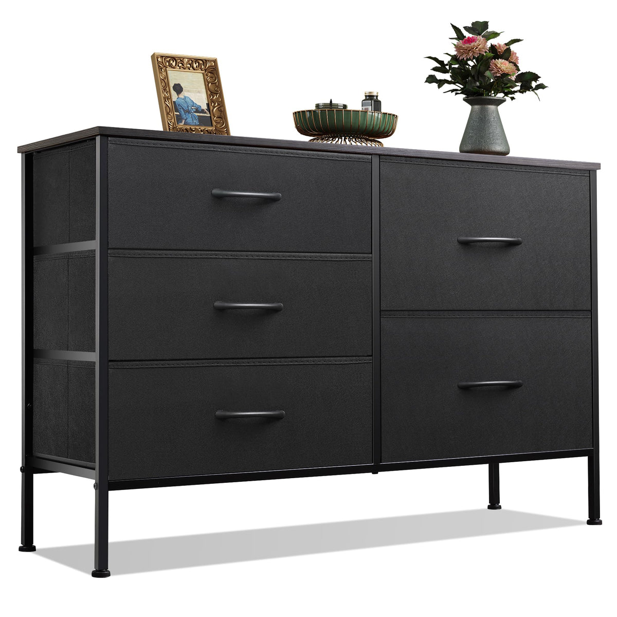 WLIVE 5 Drawer Black Fabric Dresser for Bedroom, Wide Storage Chest