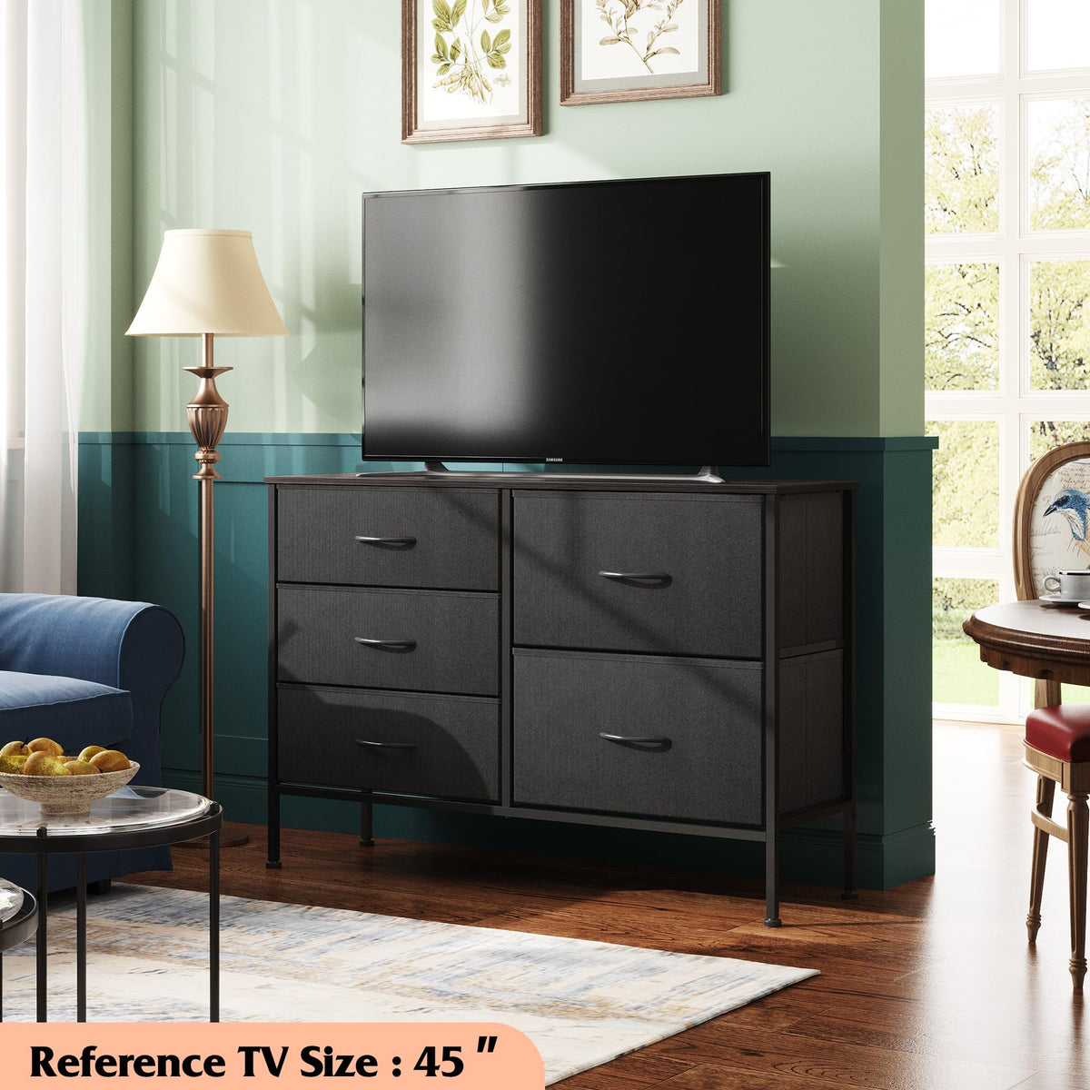 WLIVE 5 Drawer Black Fabric Dresser for Bedroom, Wide Storage Chest