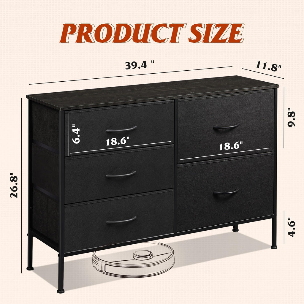 WLIVE 5 Drawer Black Fabric Dresser for Bedroom, Wide Storage Chest